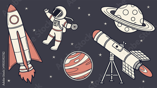Retro Space Exploration Set Rocket Astronaut Planet Telescope for Kids Education Science Web Design Graphics