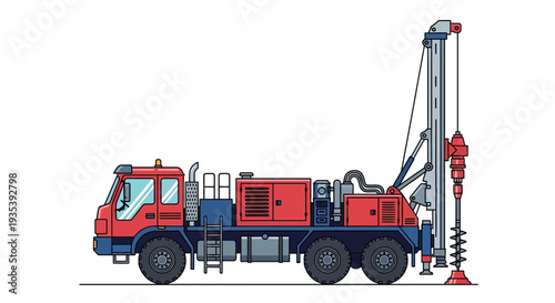 Red drilling rig truck with tall mast and auger on white background