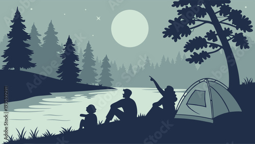 Family Camping Under Full Moon Night Sky Enjoying Nature Vacation Adventure Outdoor Recreation Travel Background