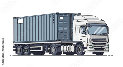 White truck pulling a grey shipping container on white background