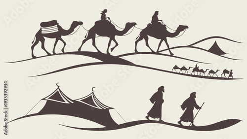 Desert Caravan Silhouette Traveling Past Bedouin Tents Illustrating Ancient Journey, Trade, or Migration for Travel Brochures and Historical Projects 168