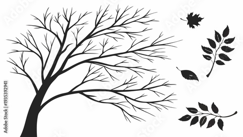 Bare Tree Blowing in Strong Wind with Falling Autumn Leaves Seasonal Weather Graphic Design Element