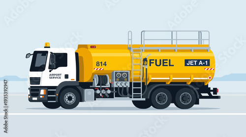 Yellow airport fuel truck with JET A-1 marking, side view, illustration