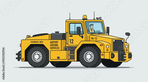 Yellow airport ground support vehicle with driver illustration