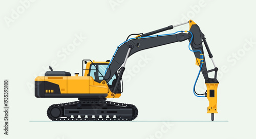Yellow excavator with hydraulic breaker attachment on a light gray background