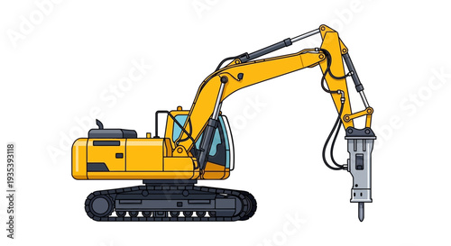 Yellow excavator with hydraulic breaker attachment on white background