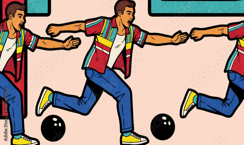 Seamless Bowling Pattern with Man Throwing Ball Retro Comic Style Vector Illustration
