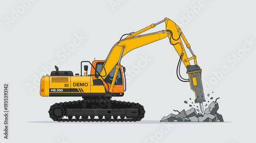 Yellow excavator with hydraulic breaker demolishing concrete on gray background