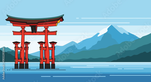 Torii Gate, Lake, and Mountain Landscape