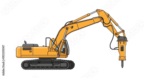 Yellow excavator with hydraulic breaker attachment on white background