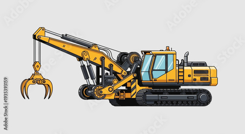 Yellow grapple crane on tracks, industrial machinery, construction equipment illustration
