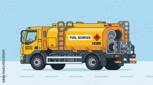 Yellow fuel bowser truck on airport tarmac, illustration
