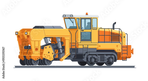 Yellow railway ballast tamping machine on white background