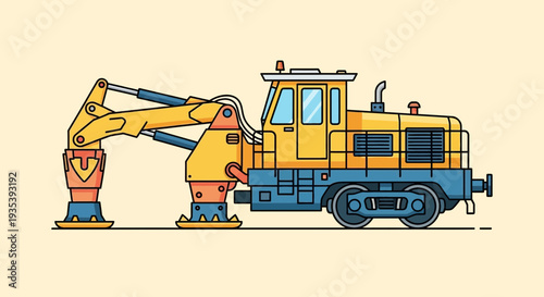 Yellow railway tamper machine on light yellow background, vector illustration