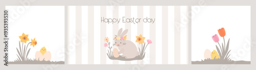 Happy Easter day celebration card with a cute bunny, chick, and spring flowers. Gentle design for holiday greeting card.