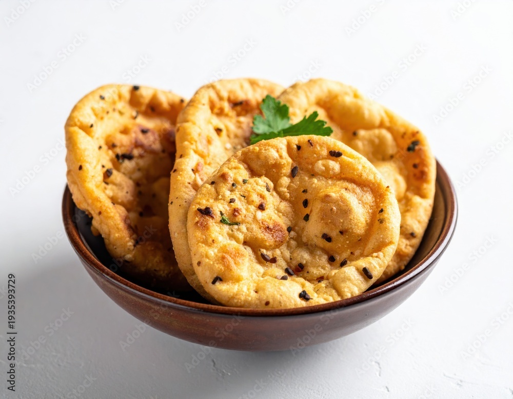 Fototapeta premium Traditional Indian fried flatbreads freshly prepared, such as Puri or Bhature, served appetizingly in a brown ceramic bowl with vibrant green herbs and savory black seeds on a clean white background