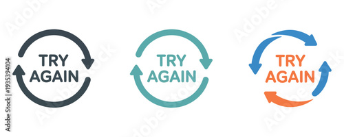 Modern try again icons with circular arrows in black, green and orange