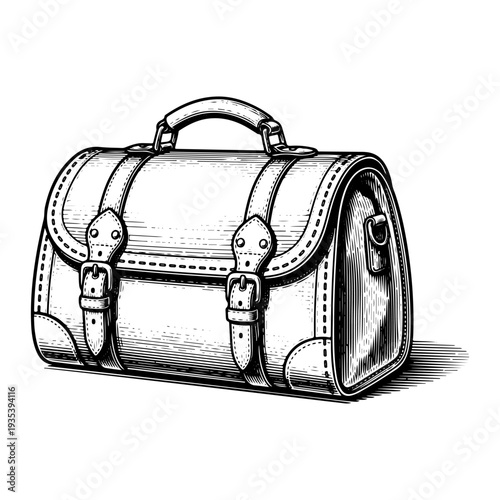 Leather bag engraving. Hand drawn vintage travel satchel sketch illustration.