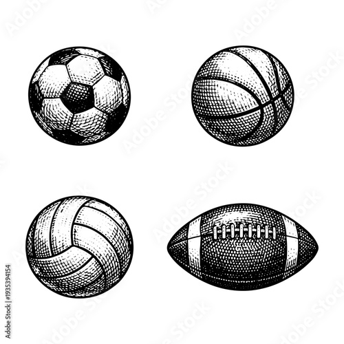 Vintage sports balls engraving set, retro athletic equipment and game ball sketches in woodcut style