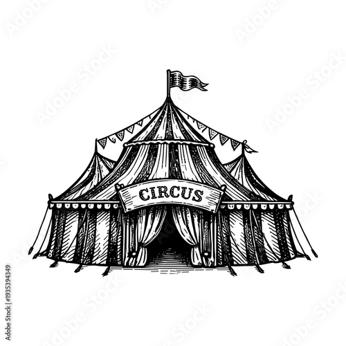 Vintage circus tent engraving, hand drawn retro big top carnival sketch isolated