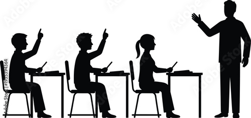 Classroom scene silhouette with teacher and students raising hands at desks, education concept vector illustration isolated on white background for school learning theme