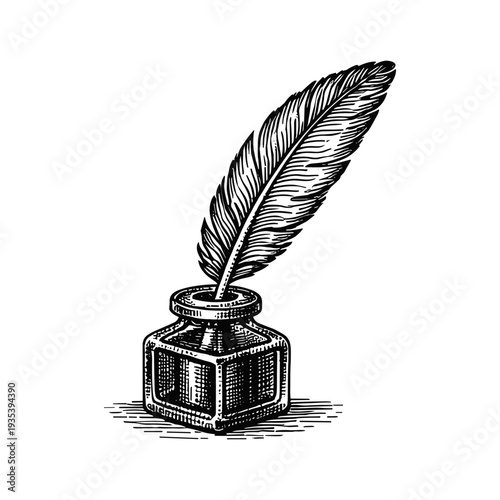 Vintage quill pen and inkwell engraving, hand drawn retro writing tools sketch isolated