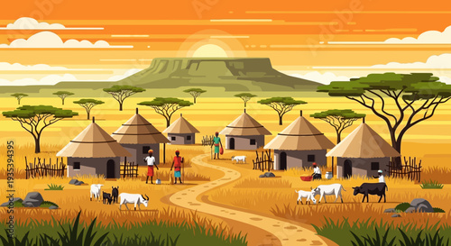 African Village Sunset Rural Life