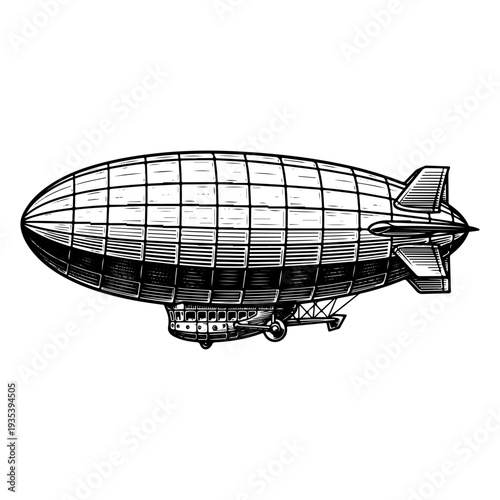 Vintage dirigible engraving, antique zeppelin airship sketch and steampunk aviation illustration in woodcut style isolated