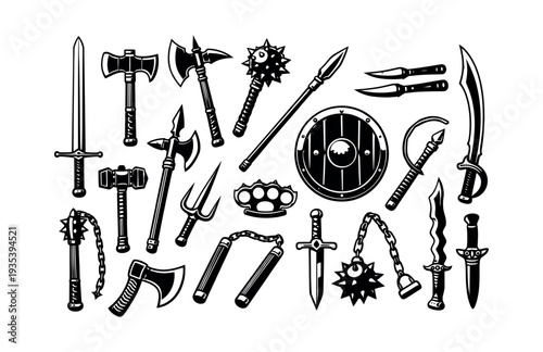 Diverse weapon set including blades, blunt force tools, and defensive gear, representing ancient warfare and historical battles