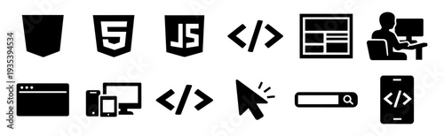 HTML & Web Development Silhouette Icon Set (12 Solid Black Icons)
