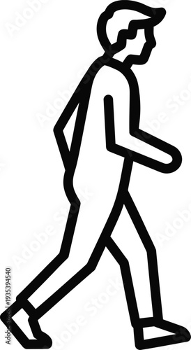 A simple black and white illustration of a man walking quickly