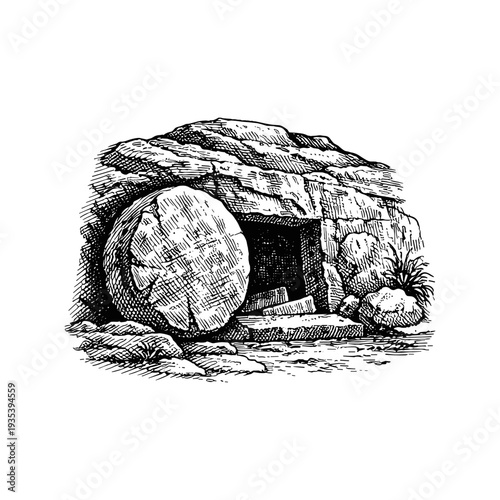 Vintage empty tomb engraving, hand drawn retro Easter resurrection scene with rolled stone sketch isolated