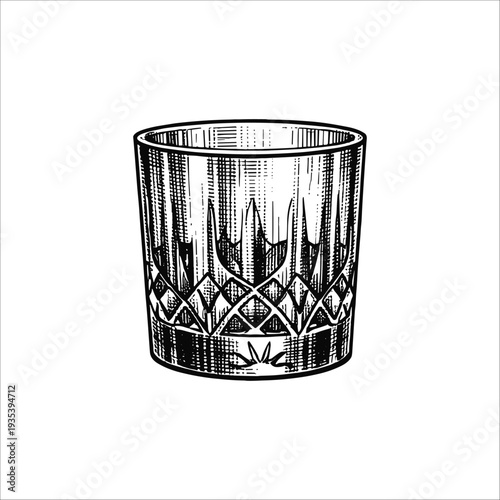 Vintage whiskey glass engraving, hand drawn retro crystal rocks glass sketch, barware and alcohol drinkware isolated