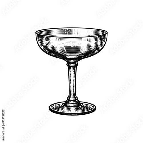 Vintage champagne coupe engraving, hand drawn retro sparkling wine glass sketch, classic celebration stemware isolated