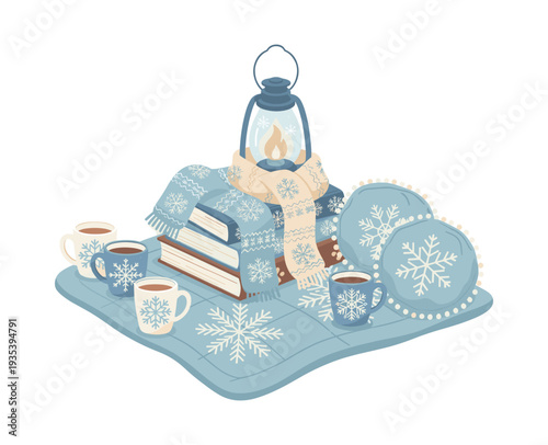 Cozy winter flat lay composition. Enjoying cold weather with hot cocoa mugs, reading books, soft blanket and decorative lantern