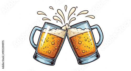 Two Beer Mugs Clinking Together With Foam Splashing Outwards.