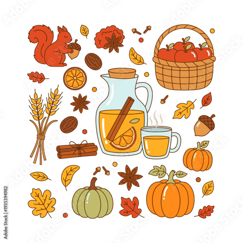 Warm autumn scene featuring pumpkins, a squirrel, fallen leaves, a basket of apples, hot apple cider, and spice elements
