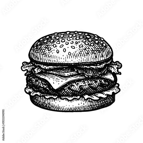 Vintage burger engraving, hand drawn retro cheeseburger sketch with sesame bun and ingredients isolated