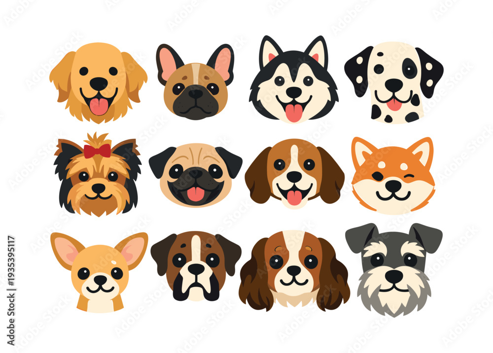 Obraz premium Adorable dog drawings featuring a variety of well-loved breeds, great for avatars, icons, or kids' projects