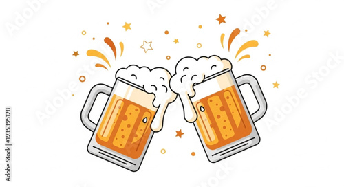 Two Beer Mugs Clinking Together With Foam And Bubbles.