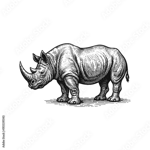 Vintage rhinoceros engraving style wild animal illustration