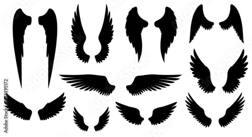 Collection of black angel wings silhouettes isolated on white background.