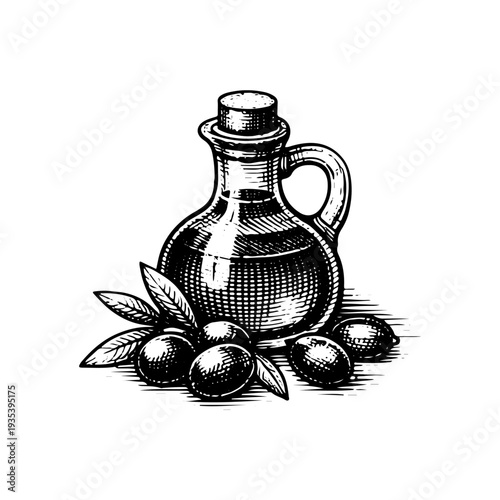 Vintage olive oil bottle engraving style mediterranean food illustration