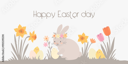 Cute Easter bunny with flower wreath, eggs, yellow chicks and spring flowers for greeting card. Holiday celebration illustration.