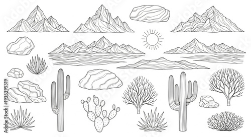 Hand drawn collection of desert landscape elements and mountains.