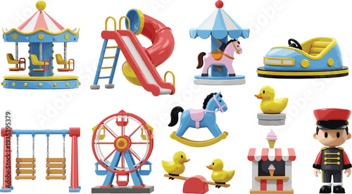Colorful amusement park rides and playground equipment set, cartoon carousel, slide, ferris wheel and kids attractions isolated vector illustration for funfair design