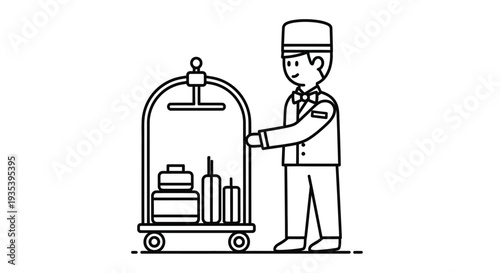 Simple line drawing of a bellhop with luggage on a cart