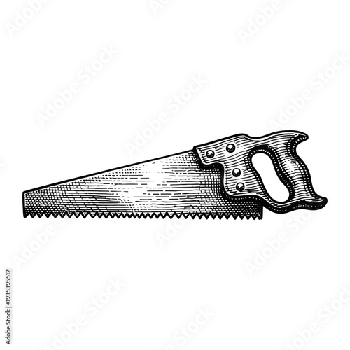 Vintage hand saw engraving illustration of classic woodworking cutting tool