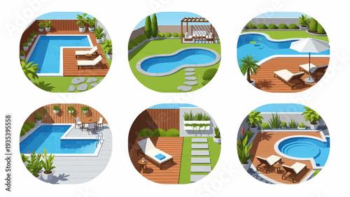 Six top-down views of various modern backyard swimming pools with lounge areas, decking, and lush landscaping.