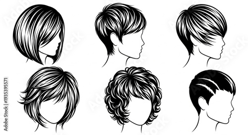 Collection of six different hairstyles for women and men.